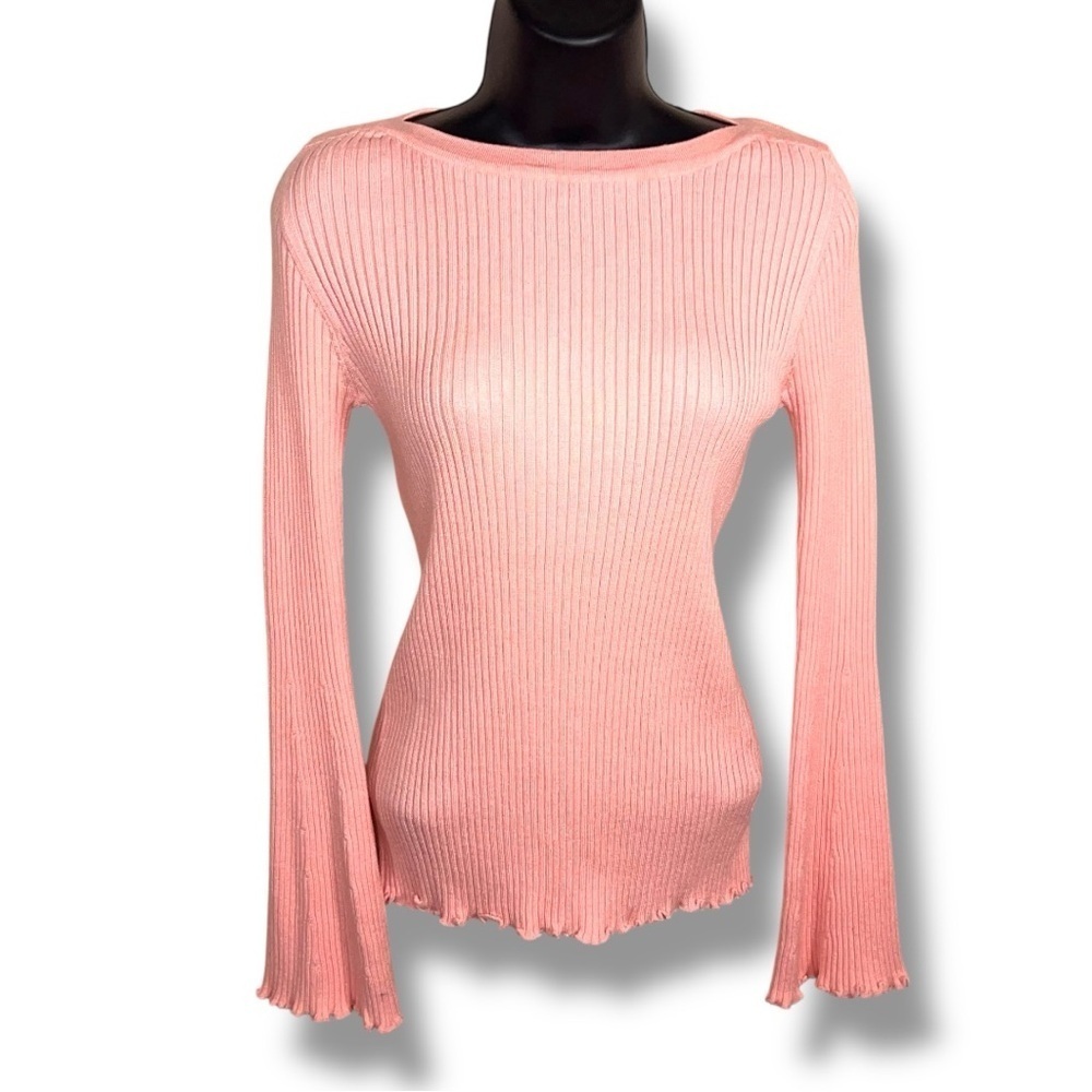 Small Bongo Pink Ribbed Long Bell Sleeve Sweater Knit Pastel Lettuce Trim